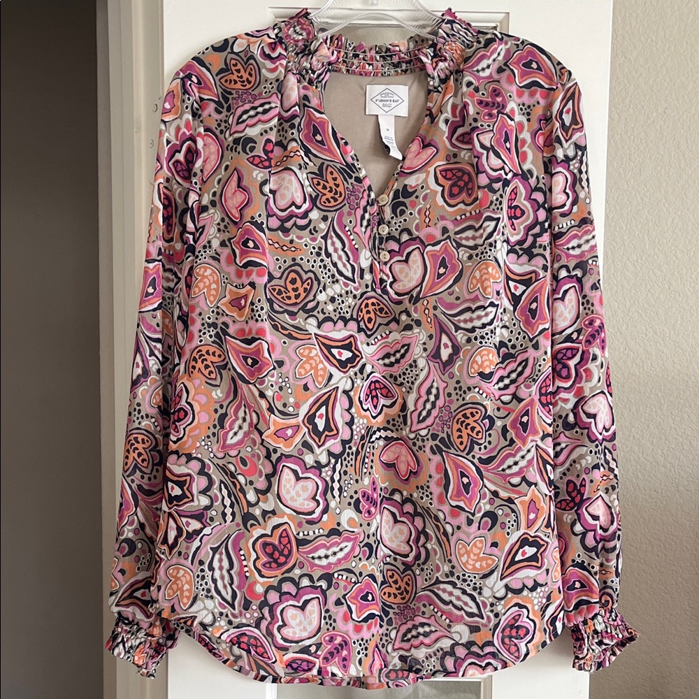 St. John's Bay Blouse Medium Pink Orange Multicolor Paisley Long Sleeve Lined